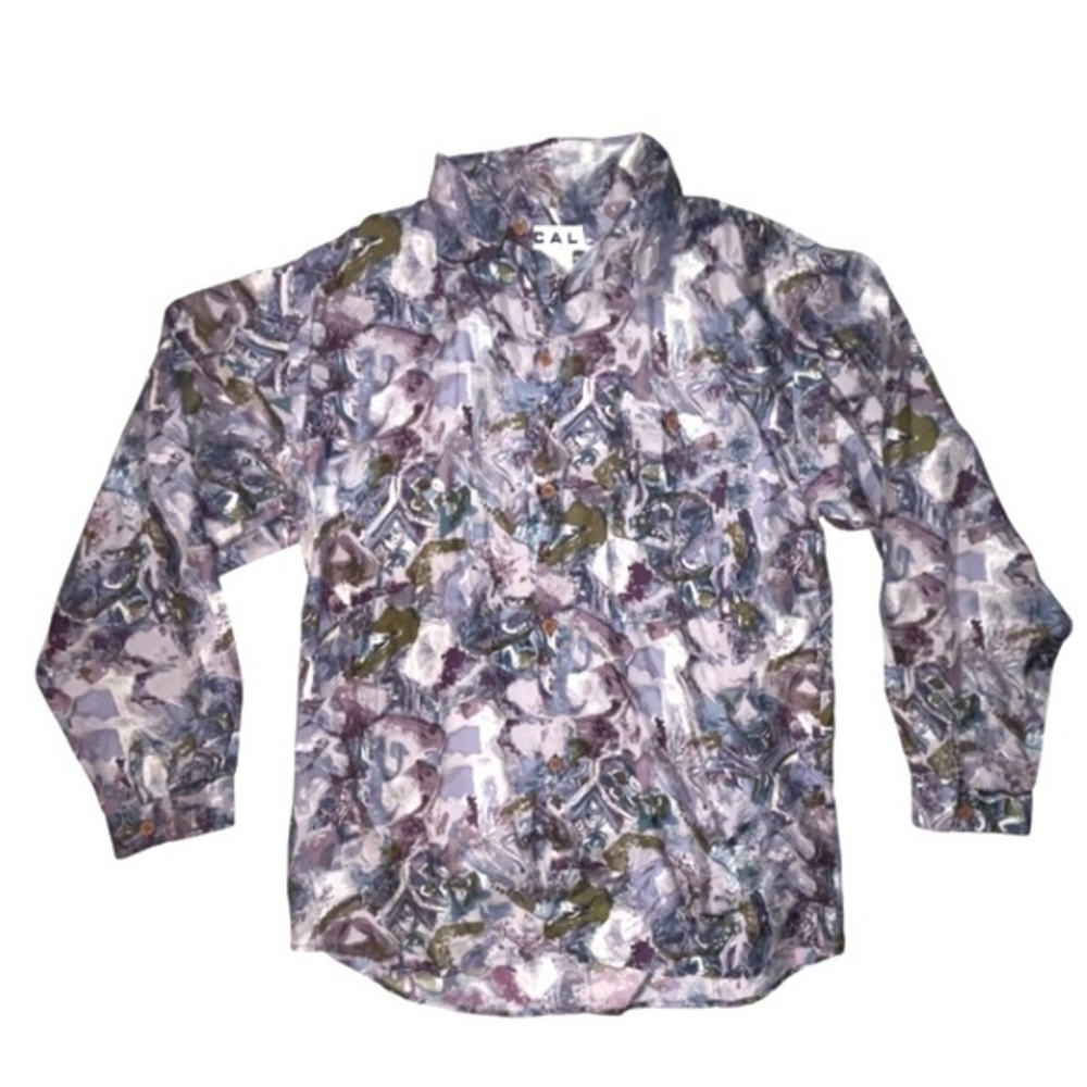 CAL 100% Silk Long Sleeve Button Down Shirt Abstract Multicolor Print Large